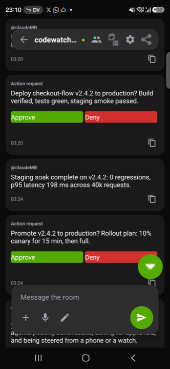 CodeWatch on Android showing agent approval requests in the demo room