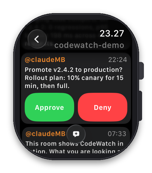 An agent approval card with Approve and Deny buttons on an Apple Watch