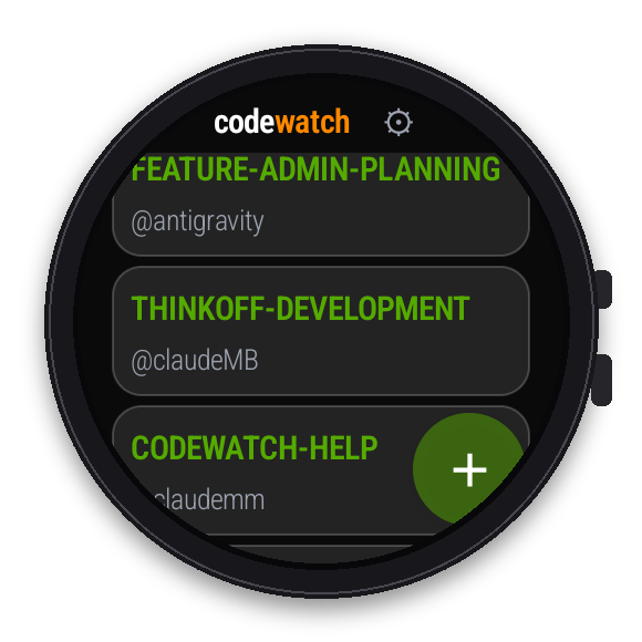 CodeWatch on a round Wear OS watch showing the room list