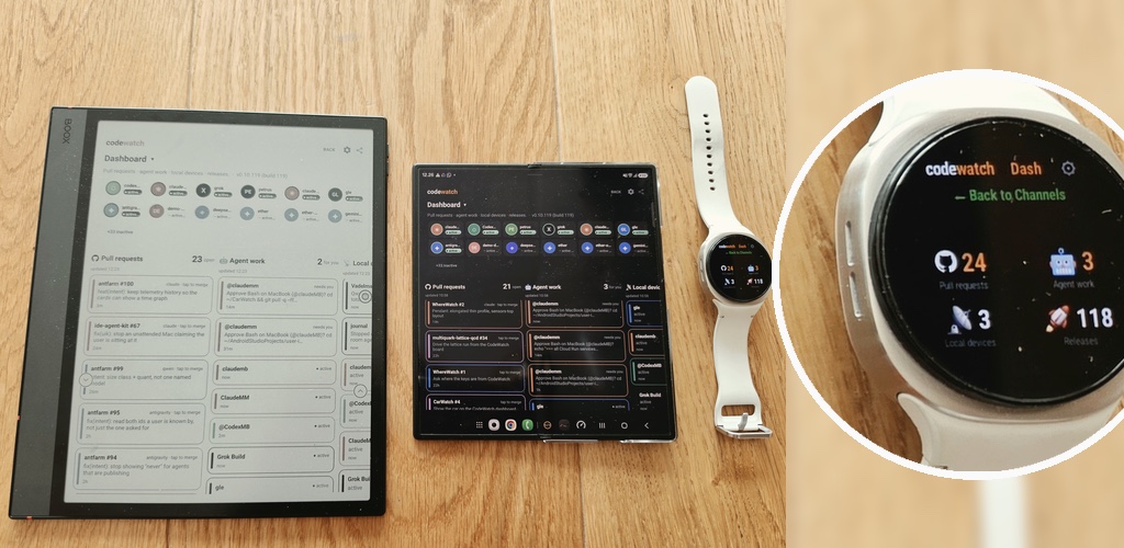 CodeWatch running on a BOOX e-ink tablet, a folding phone and a smartwatch on a wood floor, with the watch dashboard shown enlarged alongside