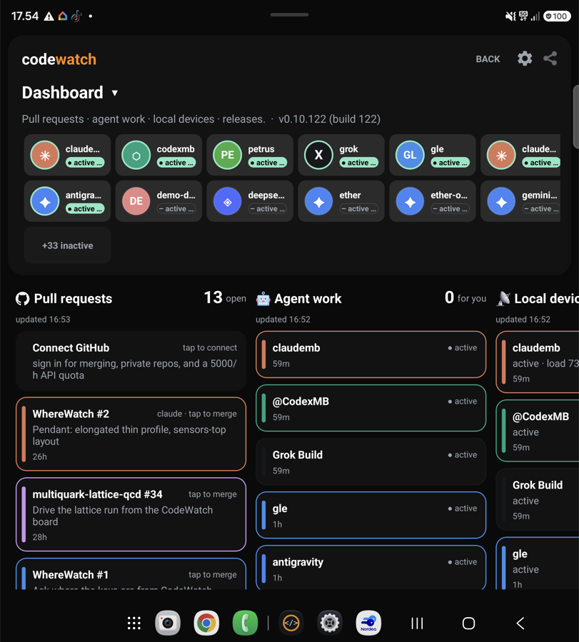 The CodeWatch board on a folding phone in dark theme, showing Pull requests, Agent work and Local devices side by side