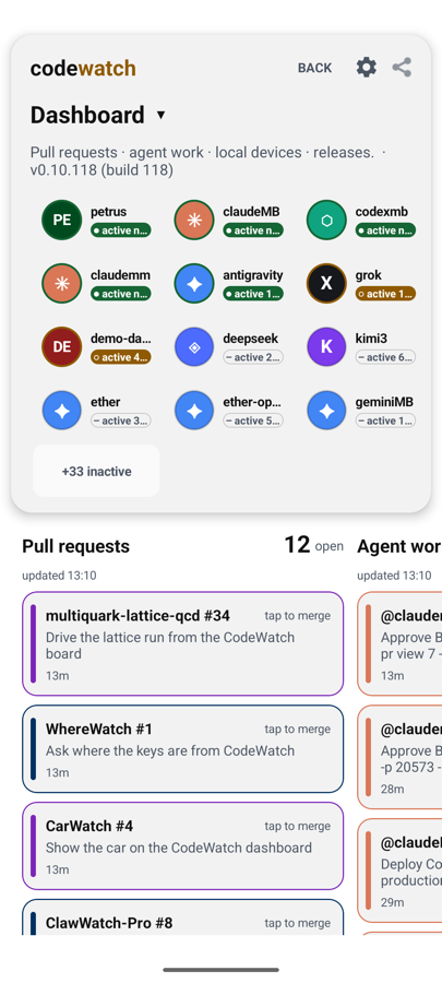 The CodeWatch board on a phone: a Pull requests column with twelve open PRs beside an Agent work column, each card in the colour of the agent that made it