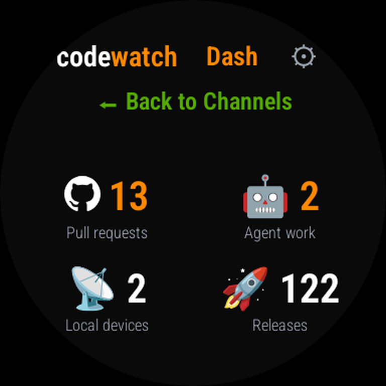 The CodeWatch dashboard on a smartwatch: thirteen pull requests, two agent work items, two local devices and one hundred and twenty-two releases